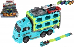 Camion trasportatore in plastica a inerzia 22 cm + 2 macchinine sportive