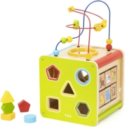 cubo educativo in legno 5-in-1 con labirinto, forme e xilofono