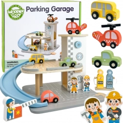 WOOPIE GREEN parcheggio in legno multipiano 2 in 1 con stazione e personaggi, 12 pezzi, FSC