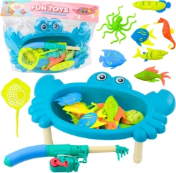 set da pesca per bambini con tavolino a forma di granchio, 10 animaletti, canna e retino – blu