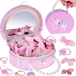 Deliziosa portagioie in ecopelle con specchietto e set di accessori per capelli