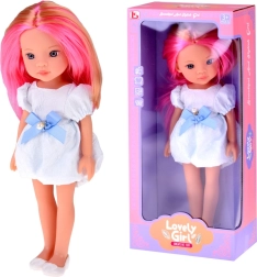 bambola con lunghi capelli biondo-rosati in abito bianco con fiocco blu 33 cm