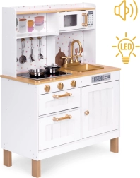 Cucina in legno per bambini con suoni e luci a LED, grande, con armadietti apribili e 7 accessori, ECOTOYS
