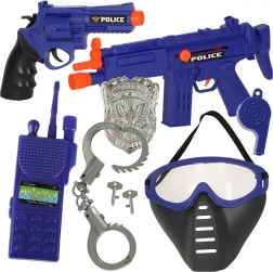 Set di gioco della polizia con pistola, carabina, maschera e manette