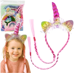 Cerchietto rosa unicorno con corno, orecchie e trecce