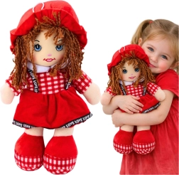 bambola di stoffa da coccolare con vestito rosso a quadretti 35 cm