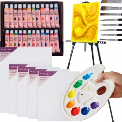 Set di pittura creativo XXL MAALEO con cavalletto in alluminio, colori acrilici, tele, pennelli e tavolozza