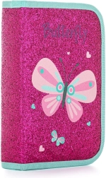 Astuccio scolastico a un piano con effetto paillettes, motivo farfalla, 2 alette