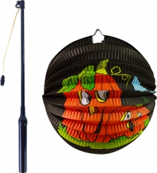 Lanterna di carta di Halloween a zucca 25 cm con bacchetta luminosa 50 cm