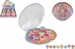 Set di anelli regolabili per bambini con motivi del mondo marino in una scatola a forma di conchiglia