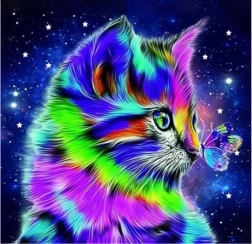 Mosaico di diamanti - Gatto con farfalla nella notte