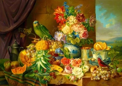 Puzzle Natura morta con fiori, frutta e pappagallo 1000 pezzi