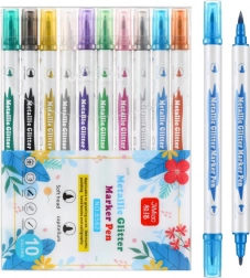Set di pennarelli metallici a doppia punta con glitter, 10 pz