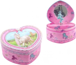 Scatola portagioie musicale a forma di cuore rosa con unicorno e ballerina