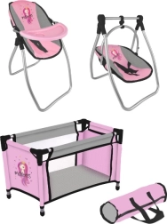 Set per bambole princess pink grey – lettino da viaggio e seggiolina 2in1 con altalena