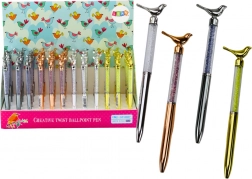 Penna a sfera con uccellino e strass scintillanti, inchiostro blu 0,7 mm