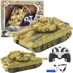 Carro armato RC T-90 1:18 con torretta girevole, luci e suoni – mimetica sabbia
