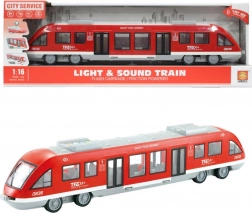 Tram rosso con porte apribili, suoni e luci