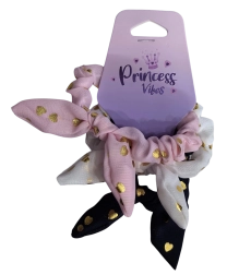 PINK set di elastici per capelli scrunchie con fiocco e cuoricini dorati - 3 pz