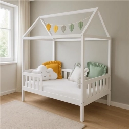 Letto per bambini a casetta con barriera e rete a doghe New Baby Castello 160×80 cm bianco