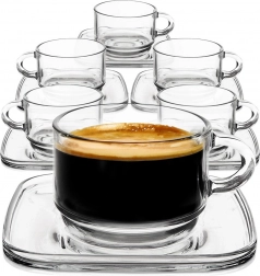Tazze in vetro con piattini quadrati 250 ml, set da 6 pz