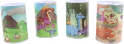 Salvadanaio in metallo con motivo dinosauri