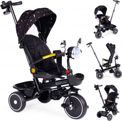 Triciclo per bambini con sedile girevole a 360°, asta di guida e cappottina, nero, ECOTOYS