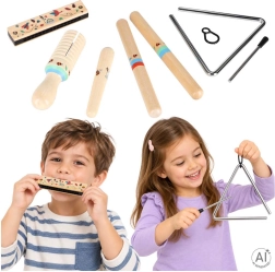 Strumenti musicali in legno per bambini – set (triangolo, legnetti ritmici, armonica a bocca, guiro)