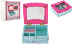 Portagioie in legno con fiori e specchio, turchese‑rosa