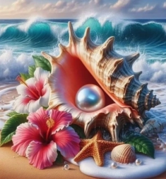 Pittura diamantata con conchiglia e perla 30 × 40 cm