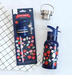 A Little Lovely Company set di tappo, spazzolino e cannuccia per bottiglia in acciaio inox 350 ml – Fragole