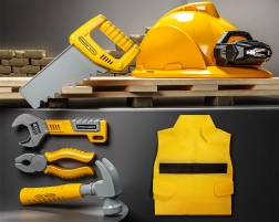 Set di attrezzi con casco e lampada frontale per bambini