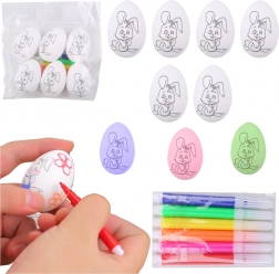 Uova di Pasqua in polistirene da dipingere con motivo coniglietto, 6 pz con pennarelli