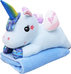 Unicorno di peluche 3 in 1 con coperta, blu 55 cm (coperta 160 × 110 cm)
