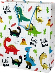 Busta regalo in carta con dinosauri, scacchi bianchi, 32 × 26 × 10 cm