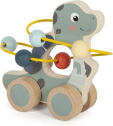 Dinosauro di legno con labirinto di perline su ruote