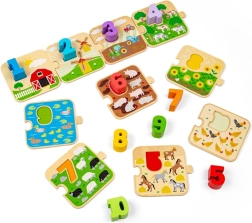 BIGJIGS TOYS puzzle in legno con immagini e numeri 1–10 (vita in fattoria)