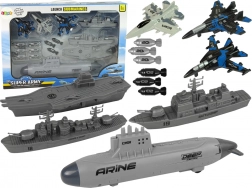 Set militare navale con sottomarino, navi da guerra e caccia