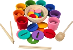 Biglie arcobaleno, monete e coppette – set Montessori in legno 8 colori