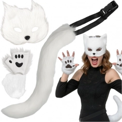 Costume da gatto, volpe o lupo RUHHY – set bianco 4 in 1 con maschera, coda e zampette