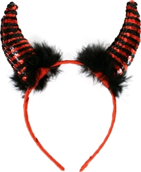 Corna da diavolo con paillettes e piume su cerchietto di raso