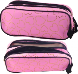 Astuccio scolastico rosa con cuori dorati, a due scomparti