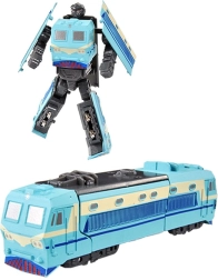 Robot di metallo trasformabile in locomotiva blu