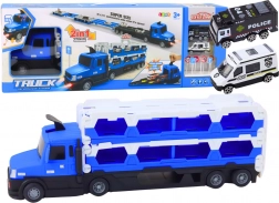 Camion con pista da corsa estraibile 2 in 1, luci e suoni, macchinine della polizia, blu