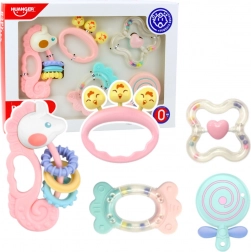 Set di sonagli e massaggiagengive sensoriali rosa per neonati 5 pezzi