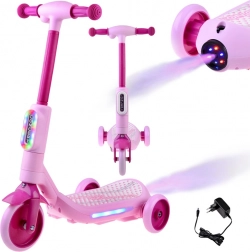 Monopattino elettrico a tre ruote per bambini con luci LED ed effetto vapore – Rosa