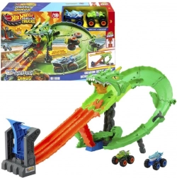 hot wheels monster trucks corsa del drago – set pista con doppio lanciatore e 2 auto