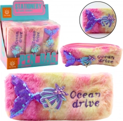 Astuccio di peluche con coda di sirena, rosa e viola con paillettes