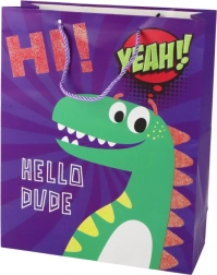 Busta regalo di carta viola con dinosauro 41,5 × 30 × 12 cm