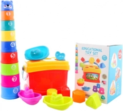 Set per bambini 3 in 1 con incastra-forme, barchette e piramide
